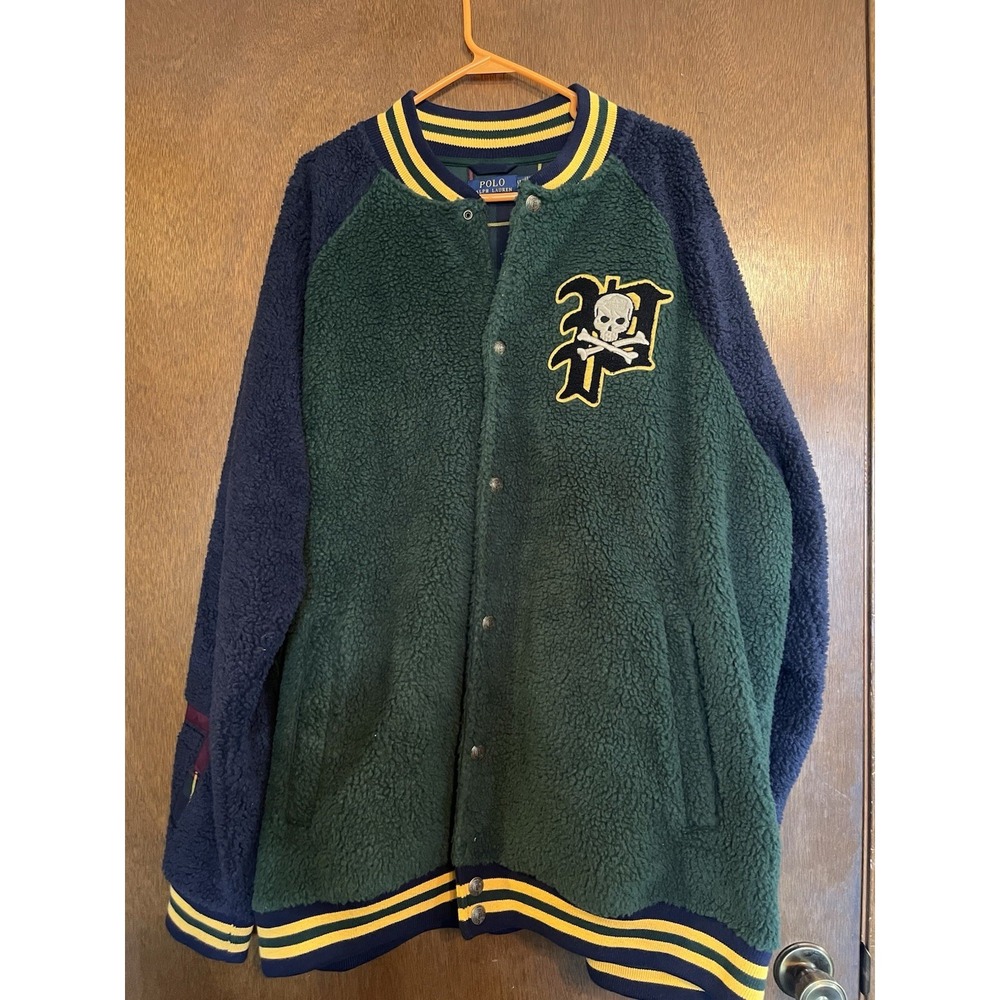 Polo Ralph Lauren Varsity P Pirate Skull Green/Navy Sherpa Bomber‎ Jacket XLT